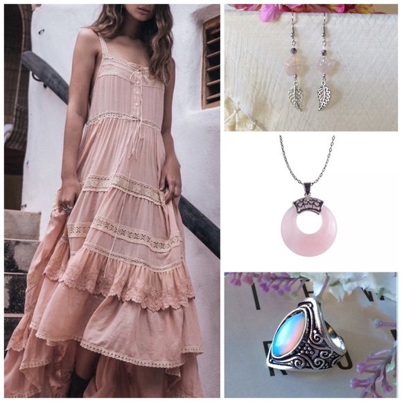 🌸 3PC EARRINGS RING NECKLACE ROSE QUARTZ SET BOHO CHIC BUNDLE BOHEMIAN SILVER - Picture 6 of 6